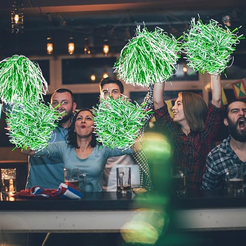 KDPATFAV 18Pcs Green White Metallic Foil Pom Poms with Baton Handle - Cheerleading Sports Party