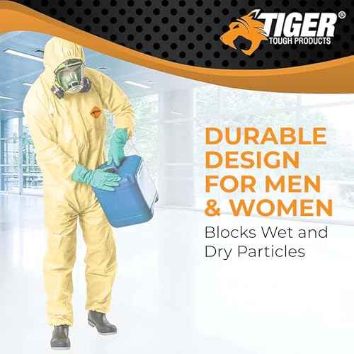 Tiger Tough Chemical Protection Coveralls, Yellow Disposable Hazmat Suit for Men & Women with Hood & Zipper