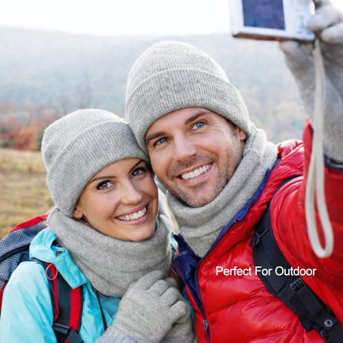 Winter Beanie Hat Neck Warmer Touchscreen Glove Set - Grey