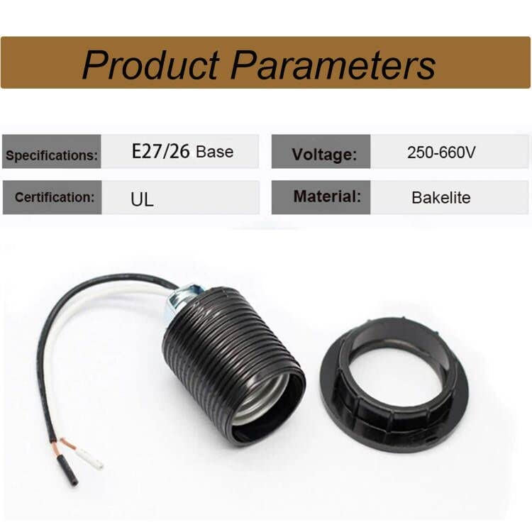 JNXQWE E26 E27 Light Socket,Bakelite Threaded Medium Base Lamp Holder with Shade Ring,Phenolic Medium Base E26 Fixture Socket with 6" Wire Lead for Incandescent Led Light Bulbs Replacement,Pack of 2