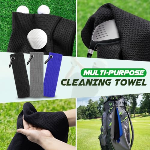 Microfiber Golf Towels 3 Pack - 16"x16" Waffle Pattern - Black/Blue/Gray