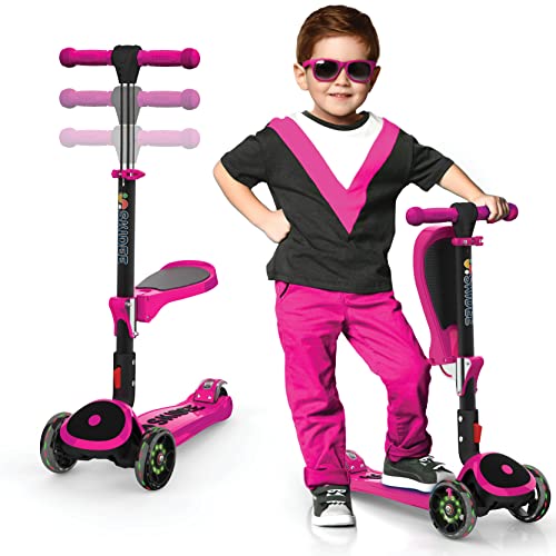 SKIDEE Pink Kick Scooter for Kids 3-5 - Foldable 3-Wheel Lean-to-Steer, Adjustable 25"–33", Removable Seat, LED Light Wheels