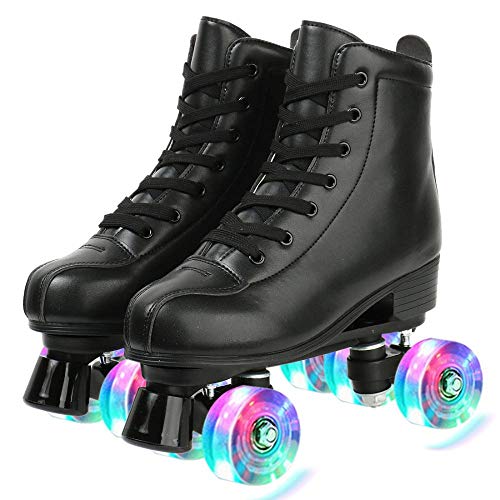 High Top PU Leather Roller Skates - Black Flash Wheel, Size 37