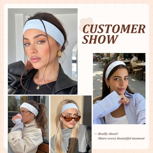 Wide Headbands for Women - 6 Pack Non-Slip Soft Elastic Hair Bands - Blue Print