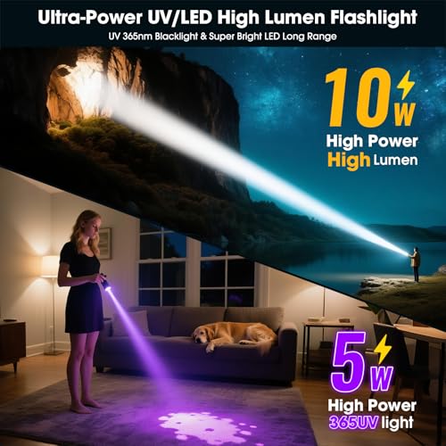 Hoxida UV Flashlight Blacklight & White Light, 395nm for Pet Urine Detection, Blue - 2-in-1 Rechargeable Torch