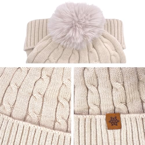 Warm Wool Cable Knit Beanie Hat for Women - Beige Pom Pom
