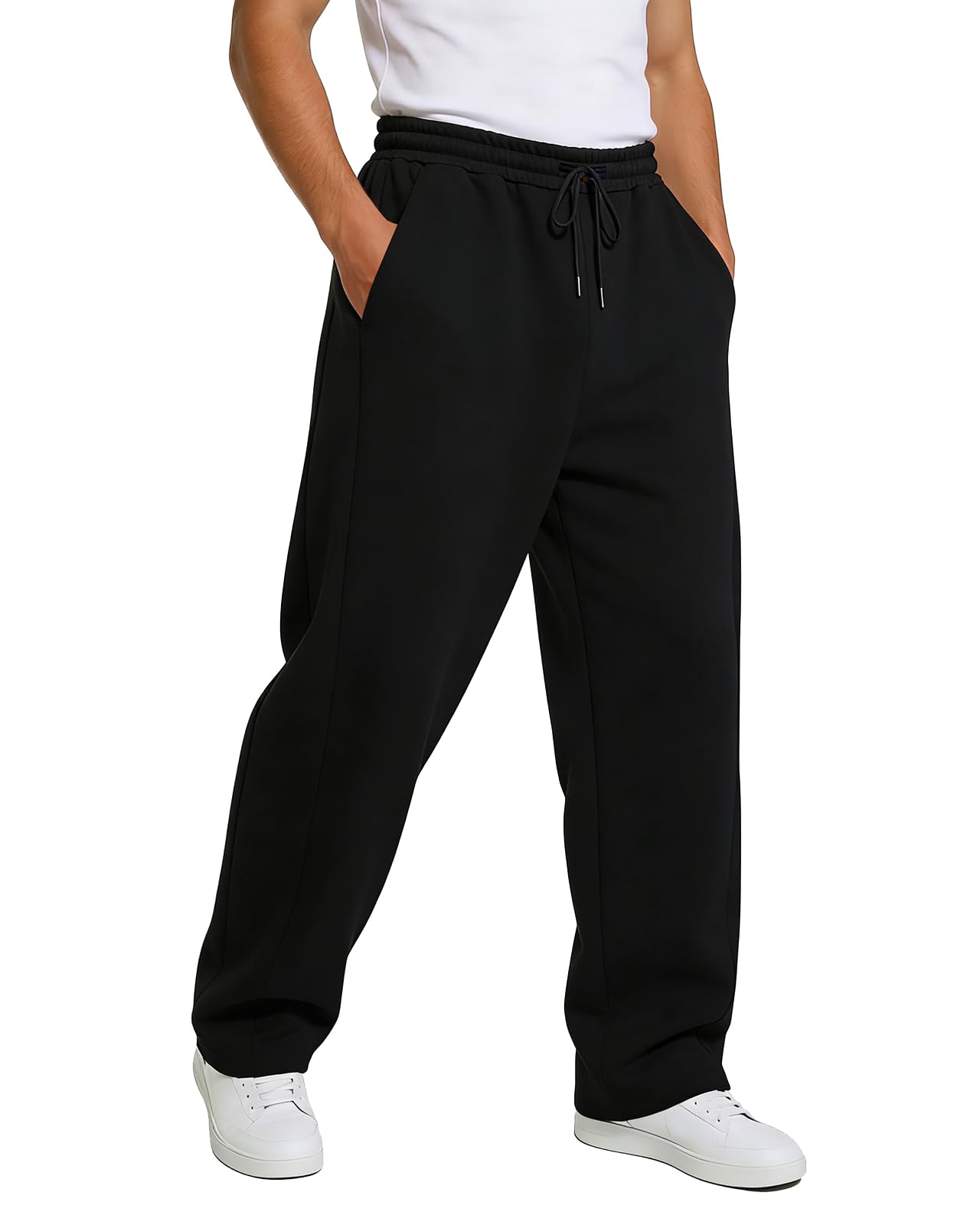 BUXKR Men's Baggy Sweatpants Wide Leg Sweat Pants Fleece Lounge Cotton Loose Elastic Drawstring Waist Pants with Pockets Black