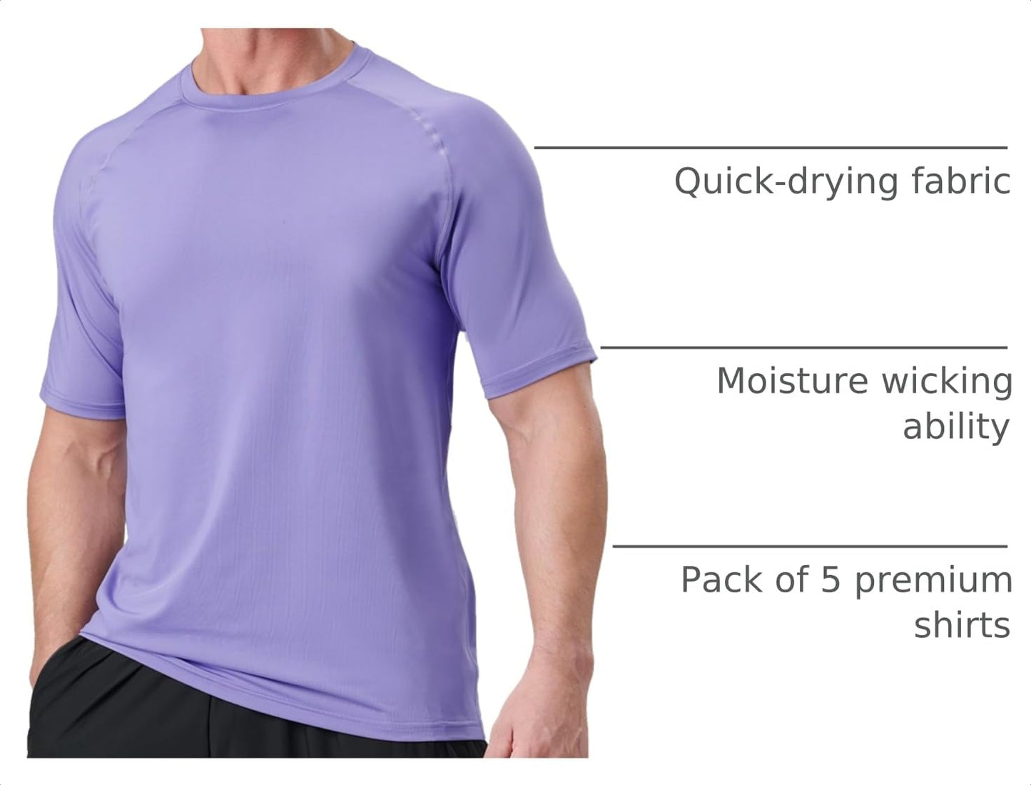 5 Pack Men’s Active Quick Dry Crew Neck T Shirts | Athletic Running Gym Workout Short Sleeve Tee Tops Bulk (Set 8, Large)