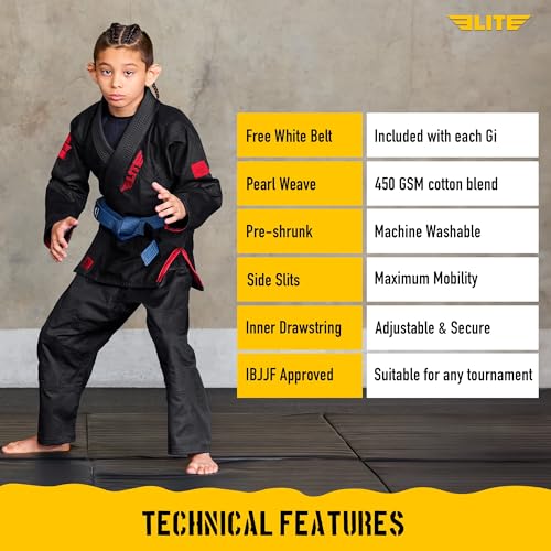 Ultra Light BJJ Gi for Kids - Preshrunk Fabric, Free Belt - Black