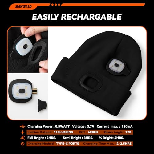 MANWALD Black LED Beanie Hat with Light, USB Rechargeable, Adjustable Brightness, Unisex Winter Hat - 1 Pack