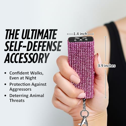 Guard Dog Security Mini Stun Gun Keychain Bling It On, Powerful Stun Gun for Women Self Defense with LED Flashlight, USB Rechargeable, Rhinestone and Compact Design