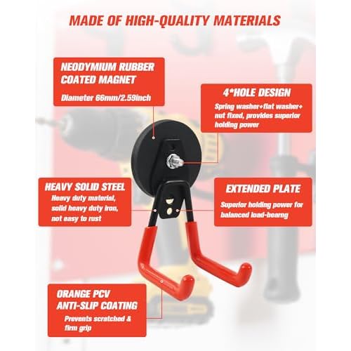 Magnets Garage Storage Hooks 4 Pack - Orange Magnet Hooks for Hanging Tools, Garage Organization, Secure Metal Cabinet & Steel Surfaces