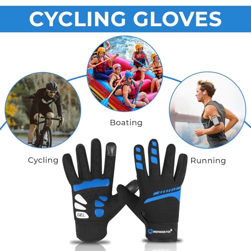 Full Finger Cycling Gloves - Anti-Slip Touchscreen Breathable - Blue / Large