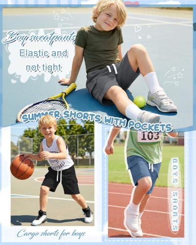 Halfchet Boys Cargo Shorts 4-Pack for Ages 5-14 with Variations in Blue Gray Black