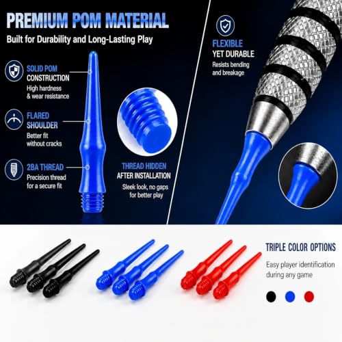 300-Pack 2BA Soft Dart Tips - Durable POM Plastic, 3 Colors