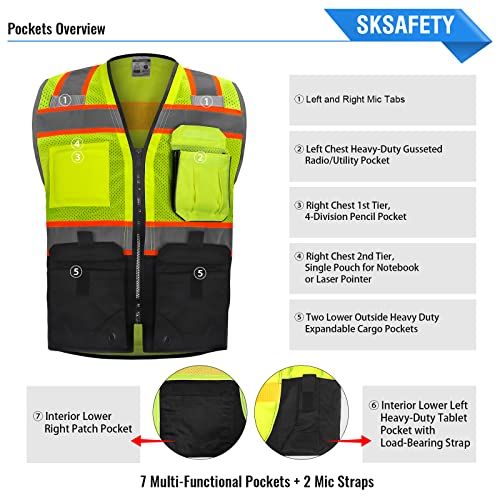 SKSAFETY 10 Pockets Hi Vis Safety Vest with Reflective Strips, ANSI/ISEA Standard, Class 2 High Vis Security Vest (Lime Black, M)