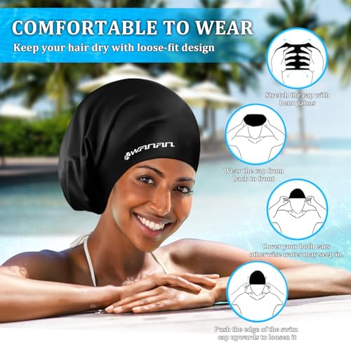 Extra Large Silicone Swim Cap for Long Hair - Black / X-Large