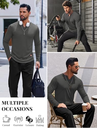 Men's Long Sleeve V-Neck Slim Fit Ribbed T-Shirt - Dark Grey, XX-Large