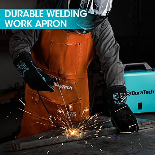 DURATECH Leather Welding Apron, Heat Flame Resistant, 23" x 36" Heavy Duty Work Apron with 6 Tool Pockets, 100% Cowhide Leather