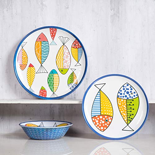 Gofunfun 12-Piece Melamine Dinnerware Set for 4 with Blue Fish Design - Plates & Bowls
