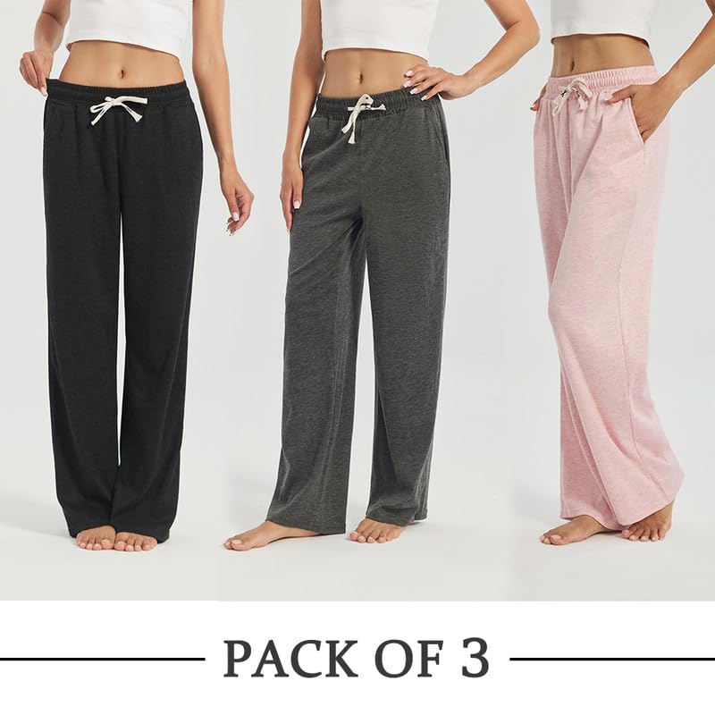 OAKVON 3-Pack Womens Lounge Pants with Pockets, Wide Leg Sweatpants, Soft Comfy Pajama Bottoms with Drawstring Waist