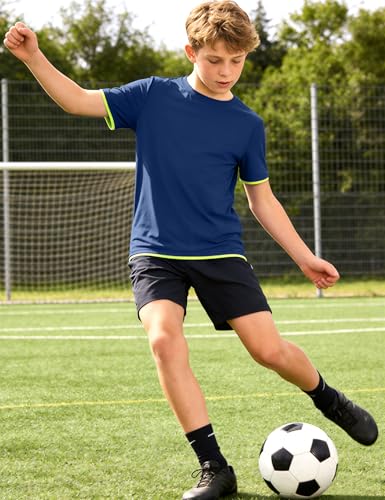 Boys Athletic Shirt - Moisture Wicking Short Sleeve Tee, 7-8 Years / Navy