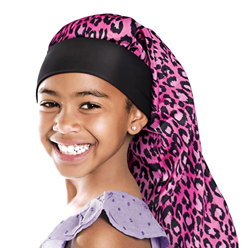 Kids Satin Braid Bonnet for Long Hair - Comfy Wide Band - Pink Leopard