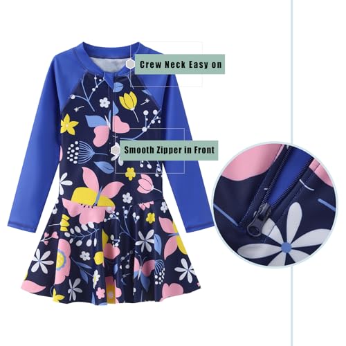 Girls Long Sleeve Swim Dress - Navy Floral 8-10 Years Kids Summer Bathing Suit