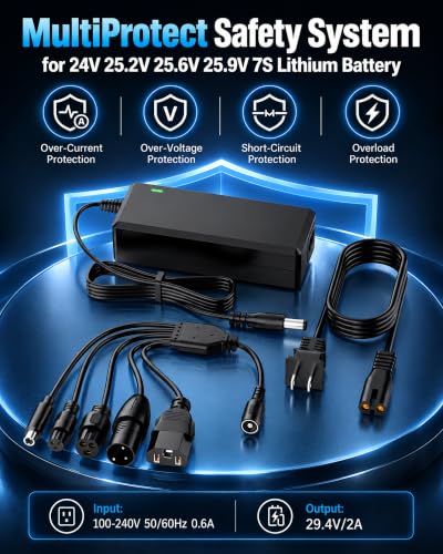 VEXLORA 29.4V 2A 6-in-1 Universal Battery Charger for 7S Li‑ion Packs