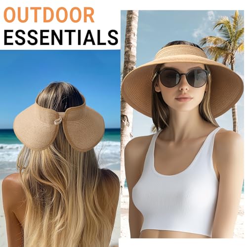 Wide Brim Straw Sun Visor Hat for Women - Classic Khaki