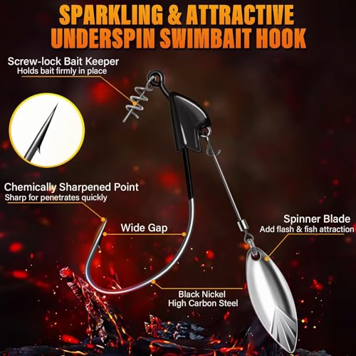 Dovesun Weighted Swimbait Hooks 3/0, 1/5oz Underspin Fishing Hooks, 10pcs