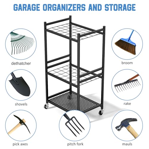 Garden Organizer With Wheels, Yard Tower Rack for Garage Storage, Up to 35 Long-Handled Tools, Sturdy Metal Steel Holder With 3 Hooks, Outdoor, Black