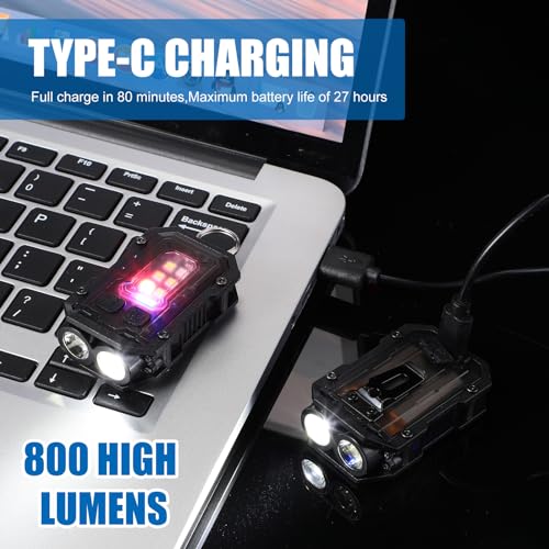 3 Pcs Mini EDC Flashlight Rechargeable Small Keychain Flashlight with White Red Blue Light, 800 High Lumens Pocket USB C LED COB Portable Flash Lights with Clip and Magnet, 8 Modes