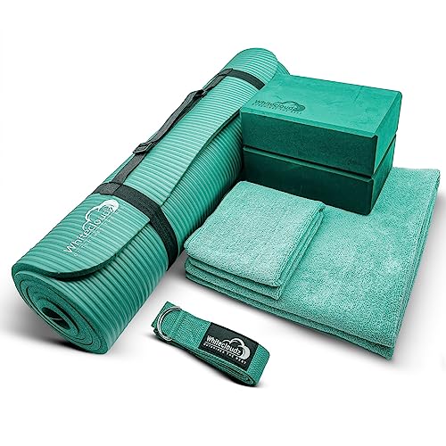 Yoga Kit - 7-Piece Set with Thick Mat, Blocks, Towels & Bag - Green