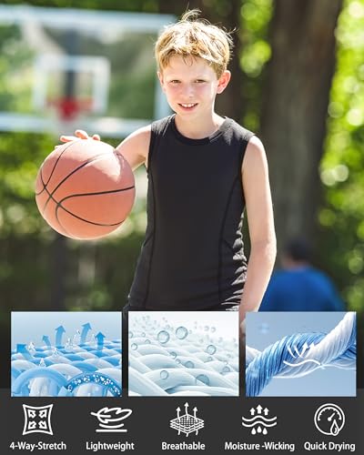 Boys Sleeveless Compression Shirt - Youth Athletic Tank Top - Black, Small