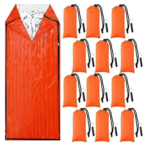Qunclay 12-Pack Emergency Sleeping Bag Bivy Sacks with Hood, Orange 82.7 x 35.4 in, Includes Whistles & Nylon Stuff Sack
