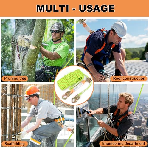Rope Harness Safety Lanyard 50FT Fall Protection Vertical Roofing Rope with Grab Snap Hooks Shock Absorber Safety Ropes Tree Climbing Line Kit Heavy Duty Roof Safety Equipment