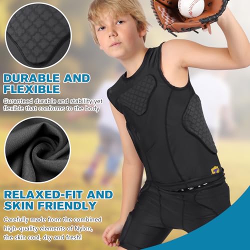 Youth Football Protective Vest Medium with 10mm Impact Pads, Breathable Compression Shirt for Kids