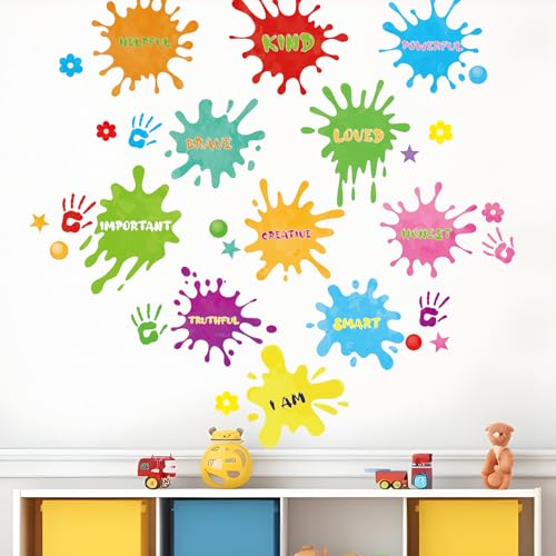 Colorful Inspirational Quotes Wall Decals Watercolor Splash & Handprint Motivational Stickers Positive Saying Educational Sticker for Kids Bedroom Classroom Playroom School Home Daycare Wall Art Decor