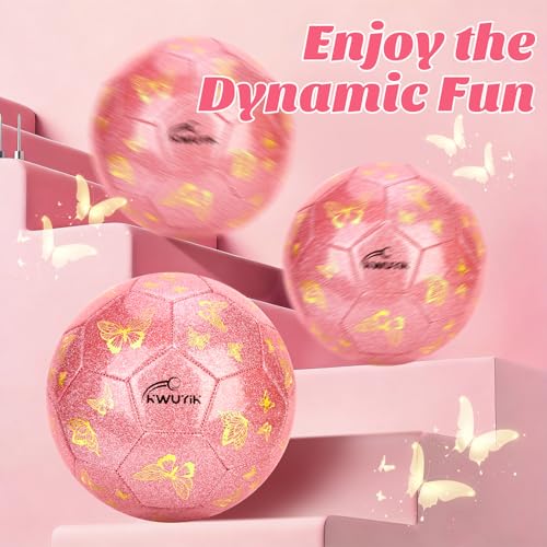 OKWUYiK Pink Glitter Butterfly Soccer Ball Size 4 - Kids Soccer Toy, Indoor/Outdoor
