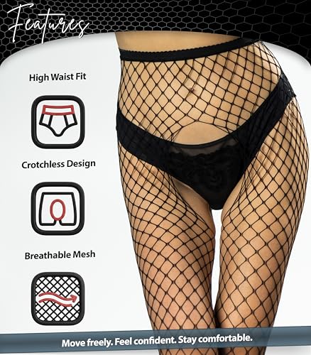 Black Fishnet Tights - High Waist Crotchless Pantyhose for Women