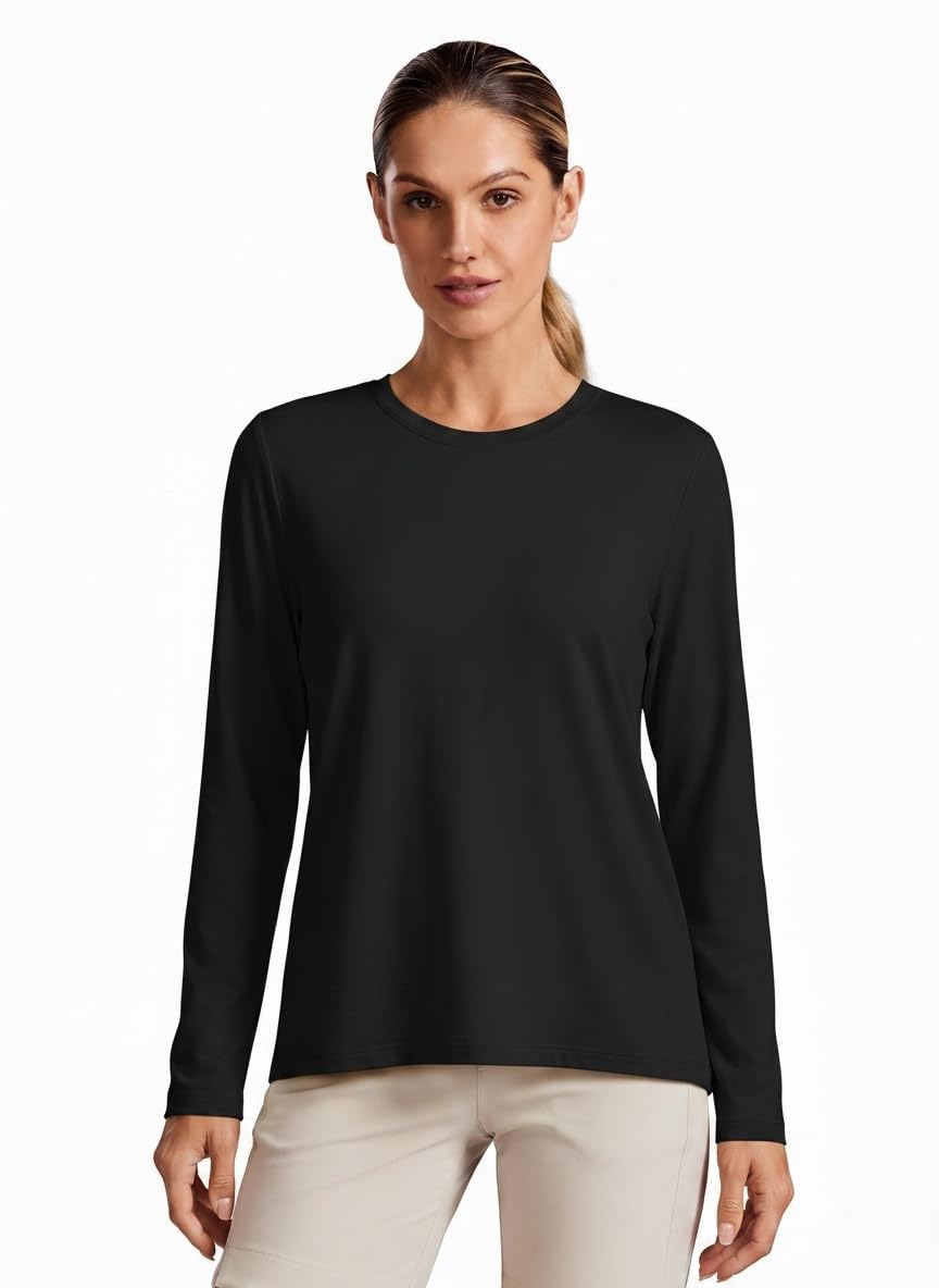 PINSPARK Workout Tops for Women Soft Loose Long Sleeve Athletic Shirt with Back Pleated Breathable Yoga Pilates Running Hiking, Black Large
