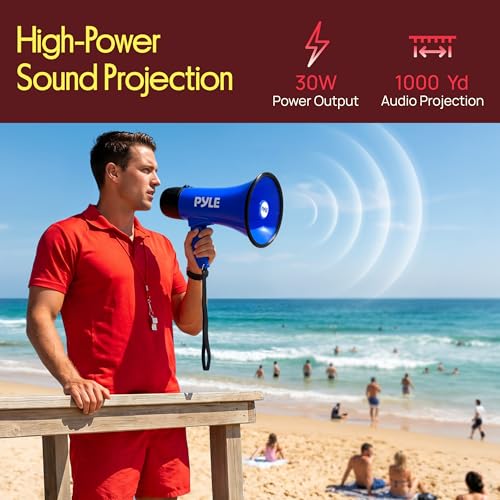 Pyle Rechargeable Blue Megaphone with Voice Recording, Siren & AUX Input - 30W, 1200-Yard Range