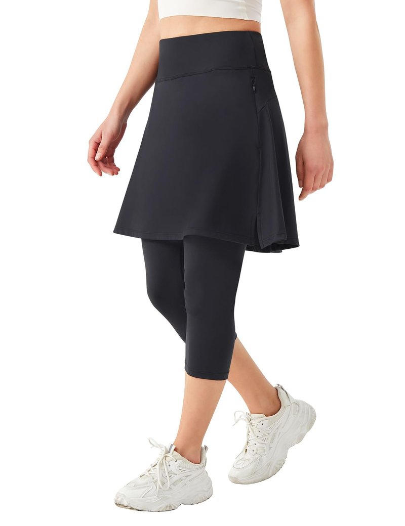 BELEROY Skirted Leggings for Women,Knee Length Leggings with Skirt Tennis Golf Athletic Skirt Legging with Zipper Pockets（Black,L）