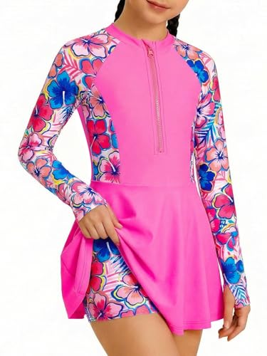 HOZIY Girls Long Sleeve Swimsuit Two Piece Rash Guard Dress with Swim Shorts - Fuchsia Floral, 11-12 Years, UPF 50+