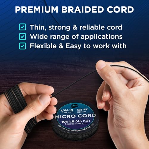 Micro Paracord Rope 1.18 mm x 125 ft - Black Braided Cord for DIY