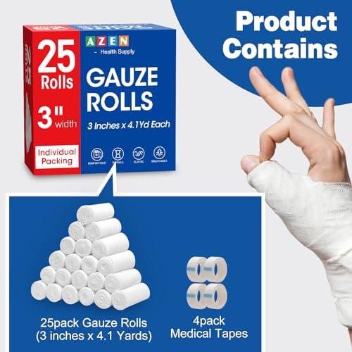 25 Pack Gauze Rolls Bandages - 3in x 4.1 Yards, Premium Medical Supplies