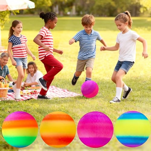 INTOWIND Rainbow 4 Pack 8.5in Playground Balls - Kids Dodgeball Kickball Set with Hand Pump