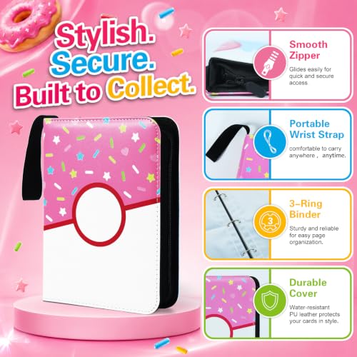 4-Pocket Trading Card Binder - Holds 400 Cards, Pink Donut Design