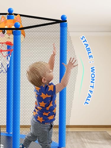 55IN Kids Trampoline with Enclosure, Basketball Hoop & Swing - Blue